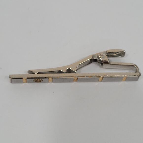 Dunhill Vintage Two Tone Tie Clasp Clip Bar Silver Gold Retro Logo Striped - Picture 6 of 7